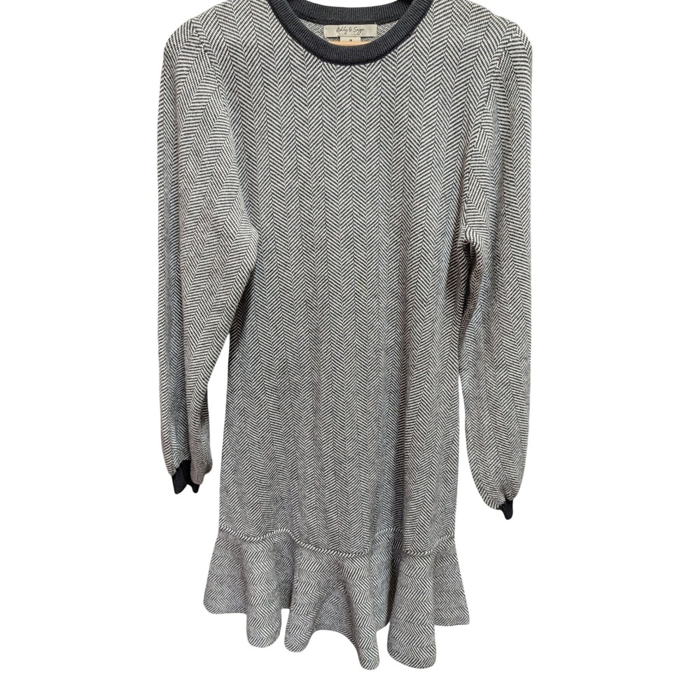 Ashly & Sage Sweater Dress Womens M Black White Excellent Herringbone Ruffle Hem